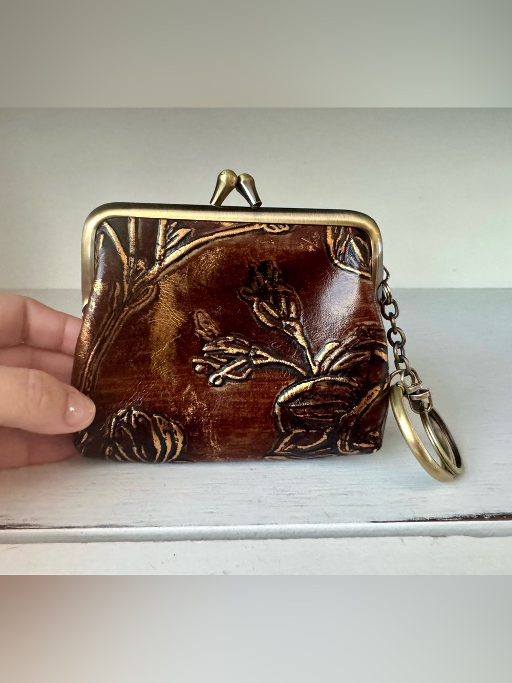 Patricia Nash Floral Embossed Metallic Leather Coin Purse Kisslock Brown